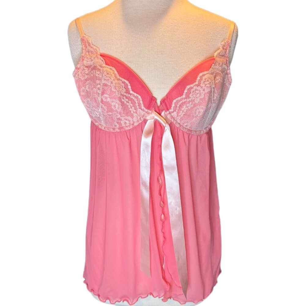 GIllian Pink White Lace Flowy Babydoll Chemise Lingerie Medium Semi Sheer Airy